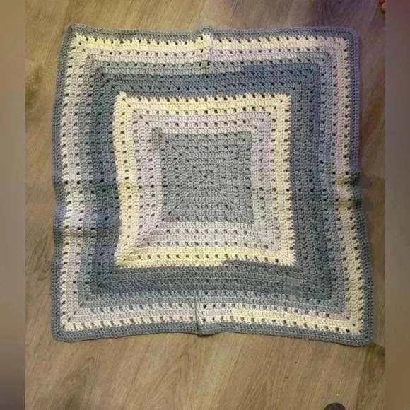 Handmade crocheted baby afghan blanket in grays with blue hues & cream - Picture 1 of 4